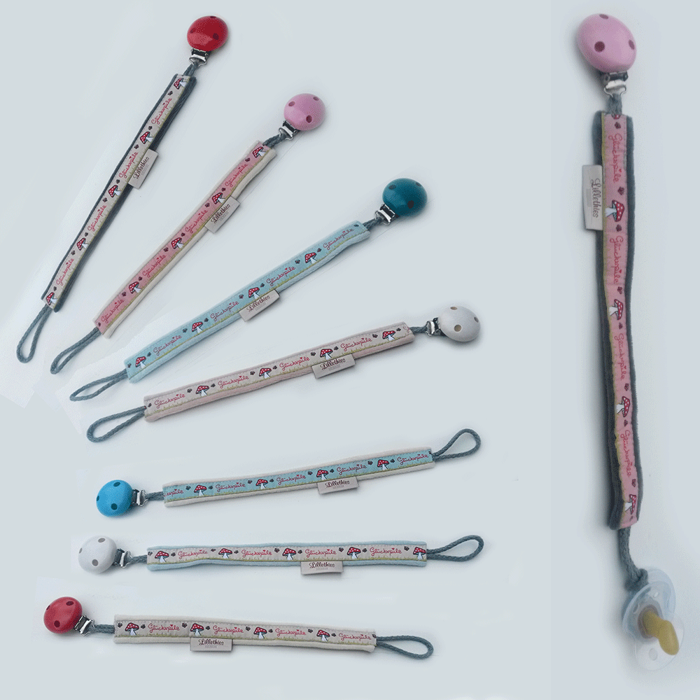 Schnullerkette "Glückspilz" mit Holzclip 