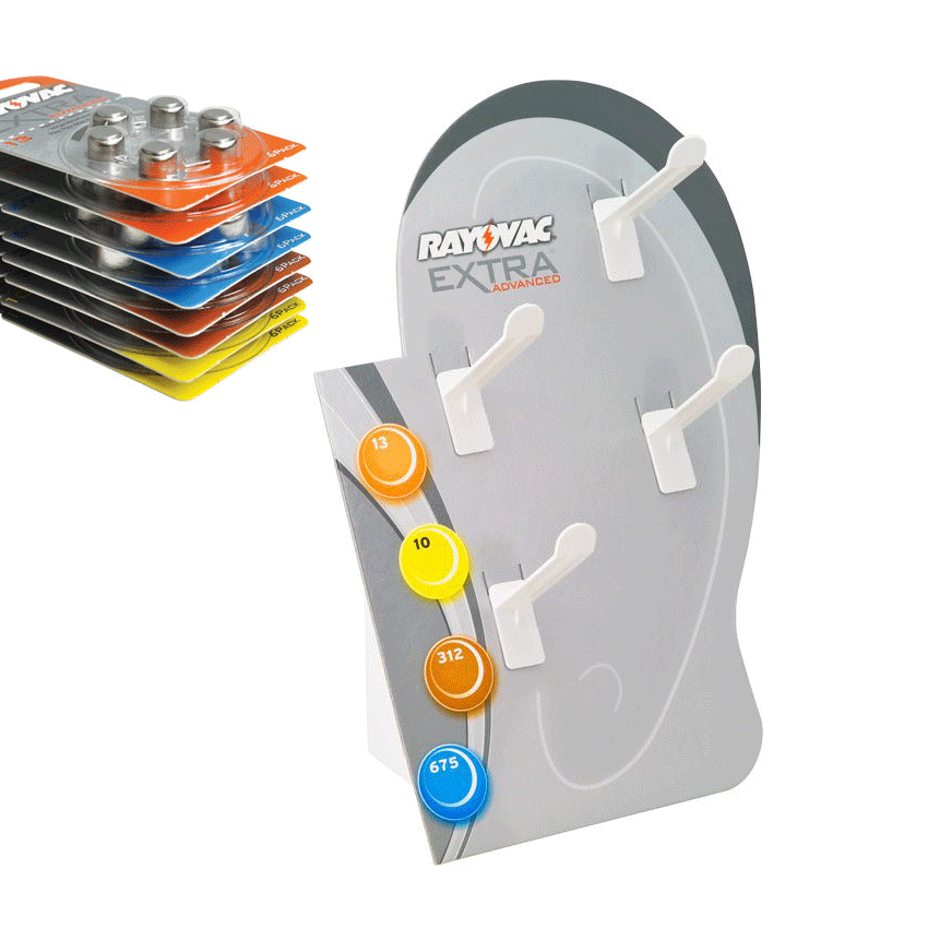 Hörgeräte-Batterie Aufsteller bestückt mit Rayovac Extra Advanced H10, H13, H312 und H675